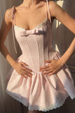 Sweet Pink Spaghetti Strap A-Line Satin Short Prom Dresses Homecoming Dress HZ1108