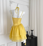 Cute Butter Yellow Spaghetti Straps A-Line Chiffon Short Prom Dresses Homecoming Dress HZ1108