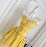 Cute Butter Yellow Spaghetti Straps A-Line Chiffon Short Prom Dresses Homecoming Dress HZ1108