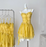Cute Butter Yellow Spaghetti Straps A-Line Chiffon Short Prom Dresses Homecoming Dress HZ1108