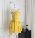 Cute Butter Yellow Spaghetti Straps A-Line Chiffon Short Prom Dresses Homecoming Dress HZ1108