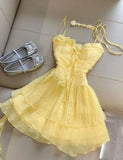 Cute Butter Yellow Spaghetti Straps A-Line Chiffon Short Prom Dresses Homecoming Dress HZ1108