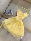 Cute Butter Yellow Spaghetti Straps A-Line Chiffon Short Prom Dresses Homecoming Dress HZ1108