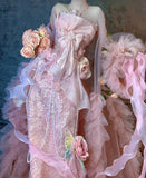 Fairytale Pink Strapless Mermaid Beaded Tulle Long Prom Dresses Formal Evening Gowns with Embroidered Appliques HZ1108