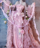 Fairytale Pink Strapless Mermaid Beaded Tulle Long Prom Dresses Formal Evening Gowns with Embroidered Appliques HZ1108