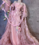 Fairytale Pink Strapless Mermaid Beaded Tulle Long Prom Dresses Formal Evening Gowns with Embroidered Appliques HZ1108