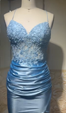 Elegant Sky Blue Spaghetti Straps Bodycon Lace Applique Satin Long Prom Dresses Formal Evening Gowns HZ1108