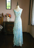 Sweet Light Blue V-neck Printed Chiffon with Ruffles Sheath Long Prom Dresses Vintage Party Dress HZ1108