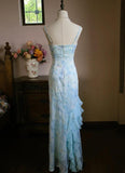 Sweet Light Blue V-neck Printed Chiffon with Ruffles Sheath Long Prom Dresses Vintage Party Dress HZ1108
