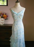 Sweet Light Blue V-neck Printed Chiffon with Ruffles Sheath Long Prom Dresses Vintage Party Dress HZ1108