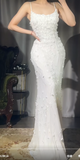 Vintage White Spaghetti Straps Mermaid Chiffon Beaded Long Prom Dresses Formal Evening Gowns HZ1108
