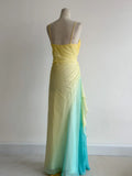 Fairytale Butter Yellow Spaghetti Strap Sheath Chiffon Prom Dresses Vintage Evening Gowns HZ1108