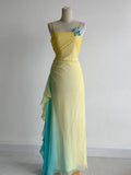 Fairytale Butter Yellow Spaghetti Strap Sheath Chiffon Prom Dresses Vintage Evening Gowns HZ1108