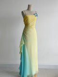 Fairytale Butter Yellow Spaghetti Strap Sheath Chiffon Prom Dresses Vintage Evening Gowns HZ1108