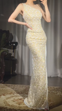 Elegant Yellow One Shoulder Sheath Sequin Beaded Long Prom Dresses Evening Gowns with Slits HZ1108