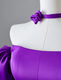 Elegant Purple Off Shoulder A-Line Satin Long Prom Dresses Formal Evening Gowns HZ1108