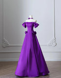 Elegant Purple Off Shoulder A-Line Satin Long Prom Dresses Formal Evening Gowns HZ1108