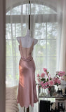 Elegant Blush Pink Spaghetti Straps Party Dress Sheath Satin Prom Dresses HZ1108