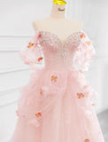 Fairytale Pink Off-the-shoulder A-Line Tulle Wedding Dress HZ1108