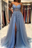 Gorgeous Grey Blue Spaghetti Straps Sequined A-Line Tulle Long Prom Dresses Formal Evening Gowns HZ1108