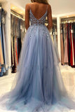 Gorgeous Grey Blue Spaghetti Straps Sequined A-Line Tulle Long Prom Dresses Formal Evening Gowns HZ1108