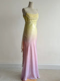 Fairytale Gradient Yellow Pink Spaghetti Straps Mermaid Satin Prom Dresses Vintage Evening Gowns HZ1108