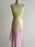 Fairytale Gradient Yellow Pink Spaghetti Straps Mermaid Satin Prom Dresses Vintage Evening Gowns HZ1108