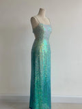 Gorgeous Gradient Jade Spaghetti Strap Sheath Sequins Prom Dresses Backless Evening Gowns HZ1108
