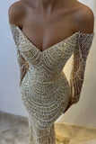 Gorgeous Yellow Off Shoulder Mermaid Long Sleeve Beaded Prom Dresses Fashion Evening Dress HZ1108