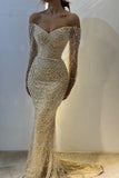 Gorgeous Yellow Off Shoulder Mermaid Long Sleeve Beaded Prom Dresses Fashion Evening Dress HZ1108