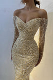 Gorgeous Yellow Off Shoulder Mermaid Long Sleeve Beaded Prom Dresses Fashion Evening Dress HZ1108