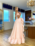 Sweet Blush Pink Off-the-shoulder A-Line Chiffon Satin Prom Dresses Evening Gowns with Slits HZ1108