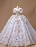 Gorgeous Off-the-shoulder A-Line Tulle Beaded Train Wedding Dress HZ1108
