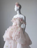 Fairytale Light Pink Off-the-shoulder A-Line Tulle Applique Train Wedding Dress HZ1108