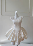 Cute Cream White Square Neck A-Line Satin Short Prom Dress, Homecoming Dress HZ1108