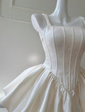 Cute Cream White Square Neck A-Line Satin Short Prom Dress, Homecoming Dress HZ1108