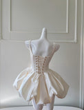 Cute Cream White Square Neck A-Line Satin Short Prom Dress, Homecoming Dress HZ1108