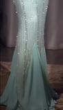 Vintage Tiffany Blue V-neck Mermaid Chiffon Beaded Ball Dress Elegant Evening Gowns HZ1108