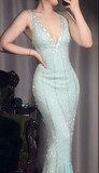 Vintage Tiffany Blue V-neck Mermaid Chiffon Beaded Ball Dress Elegant Evening Gowns HZ1108