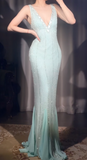 Vintage Tiffany Blue V-neck Mermaid Chiffon Beaded Ball Dress Elegant Evening Gowns HZ1108