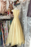 Glam Butter Yellow Evening Gowns Round Neck A-Line Tulle Party Dress HZ1108