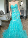 Elegant Blue Sweetheart Neck Mermaid Tulle Appliques Long Prom Dresses Formal Evening Gowns HZ1108