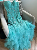 Elegant Blue Sweetheart Neck Mermaid Tulle Appliques Long Prom Dresses Formal Evening Gowns HZ1108