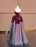 Stunning Burgundy Strapless Velvet A-Line Tulle Long Prom Dresses Unique Wedding Dress HZ1108