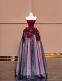 Stunning Burgundy Strapless Velvet A-Line Tulle Long Prom Dresses Unique Wedding Dress HZ1108