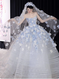 Fairytale White Tulle Strapless A-Line 3D Applique Trailing Wedding Dress HZ1108