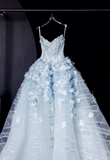 Fairytale White Tulle Strapless A-Line 3D Applique Trailing Wedding Dress HZ1108