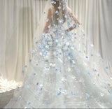 Fairytale White Tulle Strapless A-Line 3D Applique Trailing Wedding Dress HZ1108