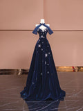 Elegant Navy Blue Sweetheart A-Line Velvet Long Prom Dresses Formal Evening Dresses HZ1108