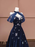 Elegant Navy Blue Sweetheart A-Line Velvet Long Prom Dresses Formal Evening Dresses HZ1108